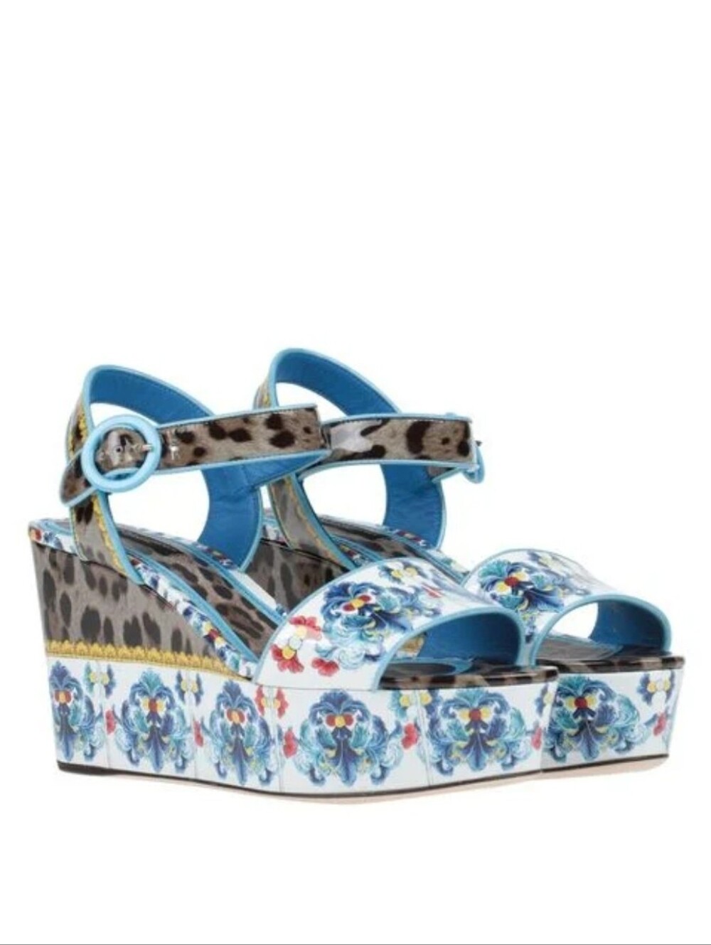 Dolce & Gabbana Blue Floral and Leopard Print Platform Wedges Size 40